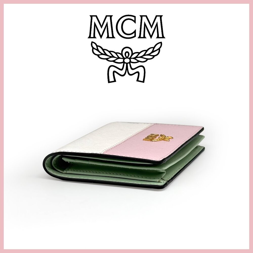 NWT MCM Bifold Wallet Pink, White & Mint Green Colorblock Saffiano Leather - Picture 2 of 8